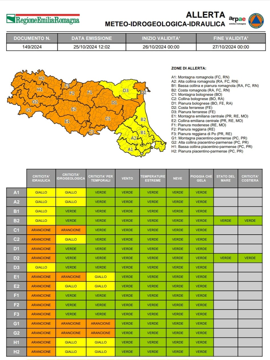 Allerta Arancione n 149 per il 29 ottobre